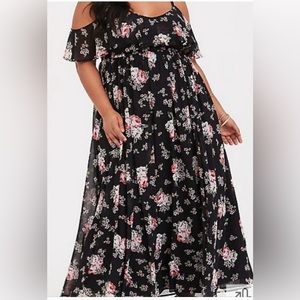 Torrid Black floral cold shoulder chiffon maxi dress